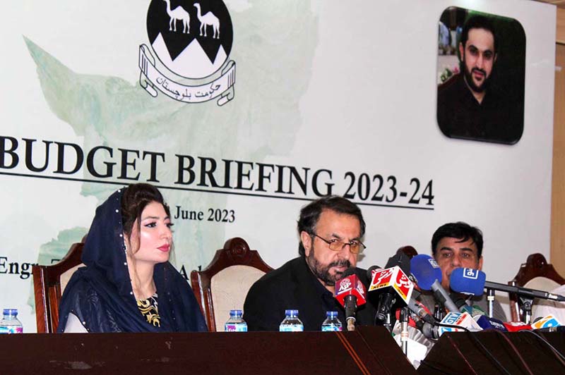 Balochistan Minister for Finance Zmarak Khan Achakzai addressing Post Budget 2023-24 Press Conference at Civil Secretariat