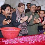 Newly elected Mayor of Karachi Murtaza Wahab and Deputy Mayor Salman Abdullah Murad Baloch offering Fateha on grave of Shaheed Mohtarma Benazir Bhutto at Garhi Khuda Bakhsh