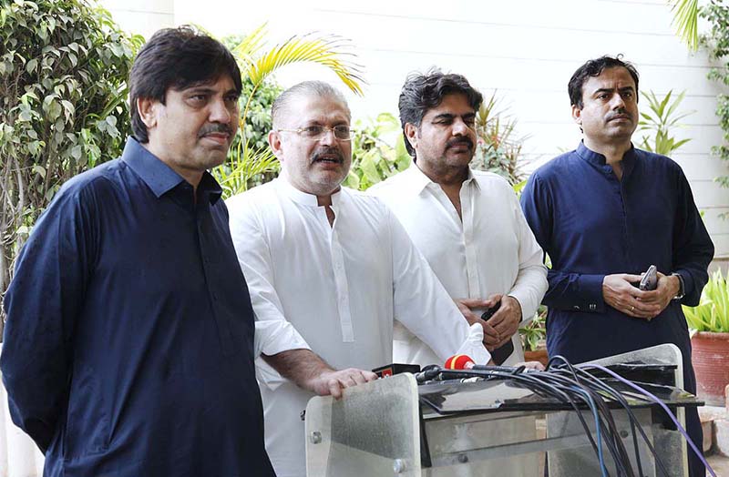 Sindh Information Minister Sharjeel Inam Memon holds a press conference outside Sindh Assembly building