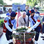 Prime Minister Muhammad Shehbaz Sharif laying floral wreath at the Yadgar-e-Shuhada in Police Lines Headquarters