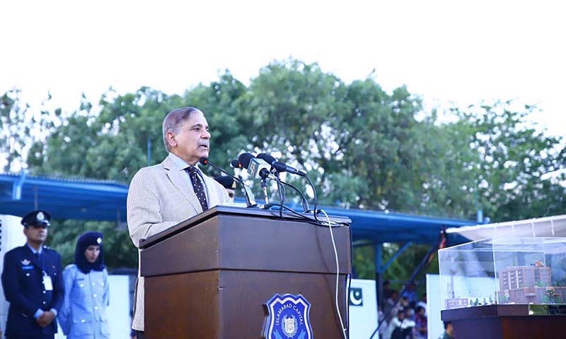 Prime Minister Muhammad Shehbaz Sharif addressing the ceremony of the groundbreaking of National Police Hospital, Police Shuhada Model College and SPU & Dolphin Headquarters