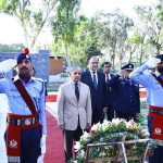 Prime Minister Muhammad Shehbaz Sharif laying floral wreath at the Yadgar-e-Shuhada in Police Lines Headquarters
