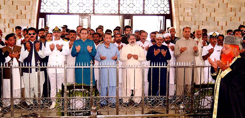 Mayor Karachi Barrister Murtaza Wahab and Deputy Mayor Salman Abdullah Murad offering fateha after laying floral wreath on the mausoleum of Quaid-Azam Muhammad Ali Jinnah