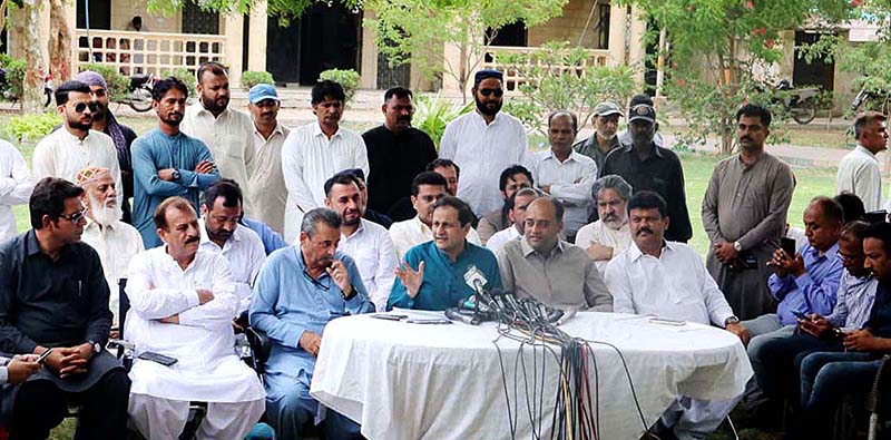 Mayor Karachi Barrister Murtaza Wahab addressing a press conference. Deputy Mayor Salman Abdullah Murad also present on the occasion