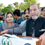 Muhammad Manshaullah Butt, Senior Vice President of PML-N Punjab addressing during Football Sports League trials under Prime Minister Youth Talent Hunt at Government Jinnah Islamia College