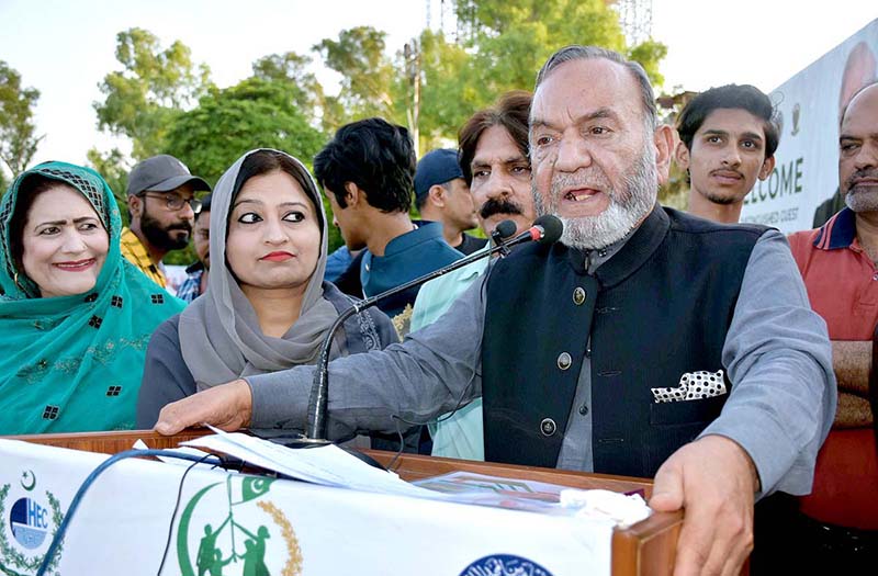 Muhammad Manshaullah Butt, Senior Vice President of PML-N Punjab addressing during Football Sports League trials under Prime Minister Youth Talent Hunt at Government Jinnah Islamia College