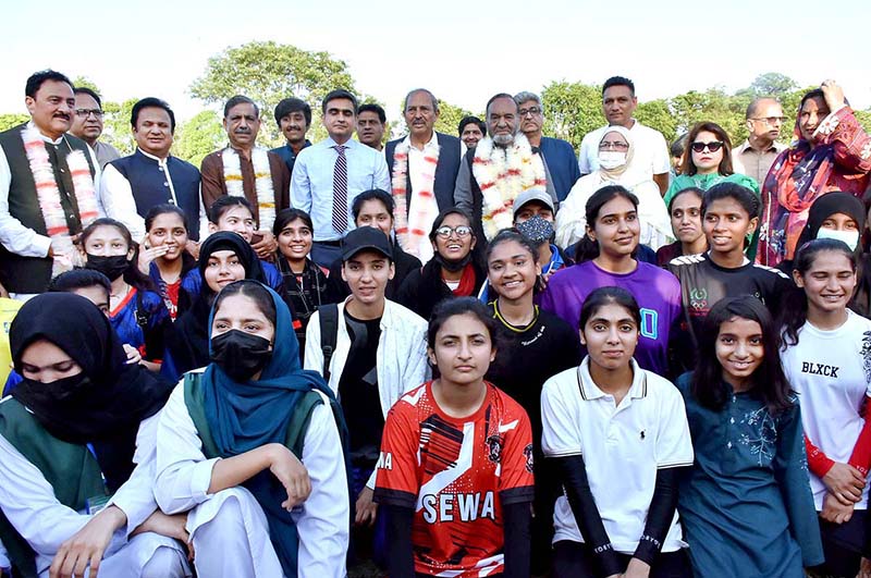 Muhammad Manshaullah Butt, Senior Vice President of PML-N Punjab addressing during Football Sports League trials under Prime Minister Youth Talent Hunt at Government Jinnah Islamia College