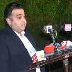 Fahd Haroon, Minister of State/Special Assistant to Prime Minister on Public Communication and Digital Platforms addressing a press conference at Jinnah House