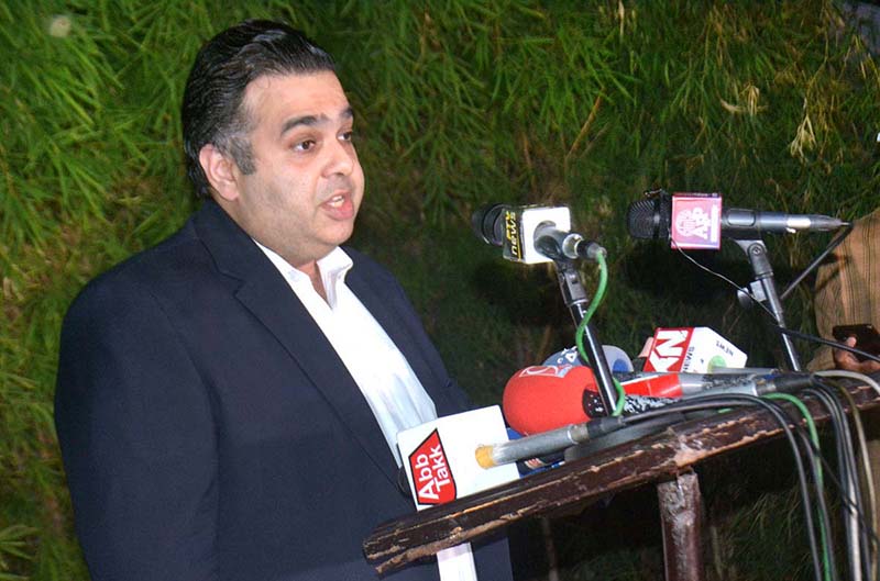 Fahd Haroon, Minister of State/Special Assistant to Prime Minister on Public Communication and Digital Platforms addressing a press conference at Jinnah House