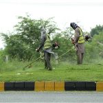 CDA workers busy in trimming grass alongside the Islamabad Expressway