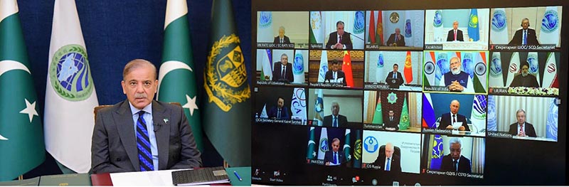 Prime Minister Muhammad Shehbaz Sharif addresses the 23rd SCO Summit hosted virtually by India