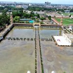 An aerial view of rain water accumulated at Eid Gah Masjid after rain in the city