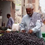 A vendor is busy in arranging and selling the Jambolan on his roadside setup in the city