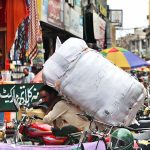 A labourer on the way carrying load on his back at Raja Bazaar