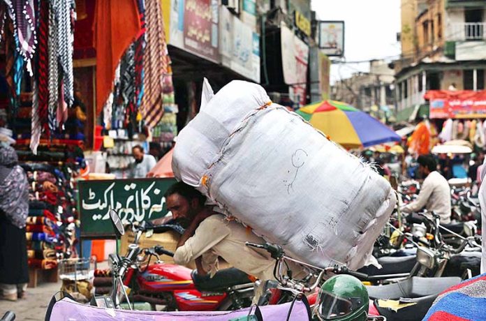 A labourer on the way carrying load on his back at Raja Bazaar