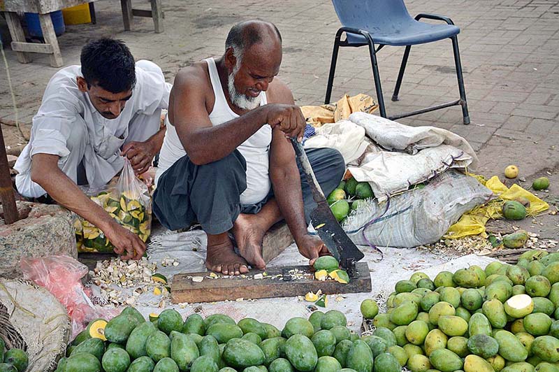 A vendor busy in cutting mangoes for pickle (Achar) at Vegetable Market