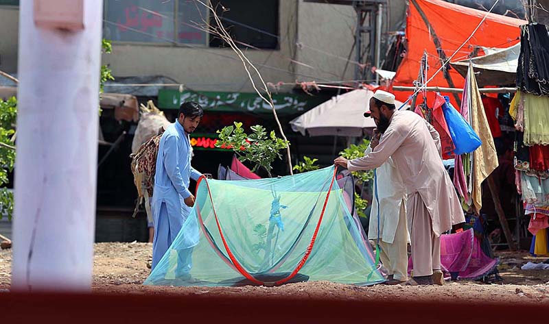 A customer busy in selecting and purchasing mosquitoes net from a vendor at Pirwadhai