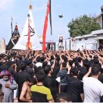 A large number of people attending the main procession of 9th Muharram-ul-Haram observing Youm-e-Ashura at G-6 Road. Muharram ul Harram, the first month of the Islamic calendar is known as the mourning month to pay homage in remembrance of the martyrdom (Shahadat) of Hazrat Imam Hussain (AS), the grandson of the Holy Prophet Mohammad (SAWW), along with his family members and companions at the battle of Karbala