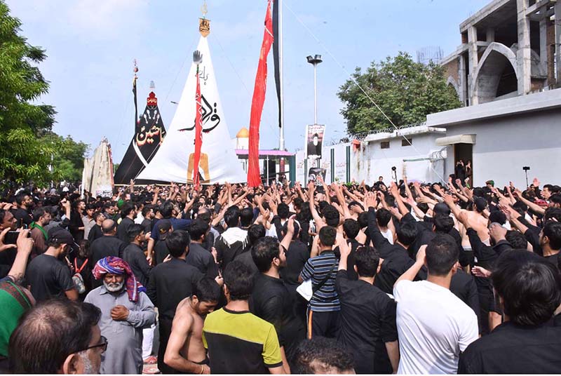 A large number of people attending the main procession of 9th Muharram-ul-Haram observing Youm-e-Ashura at G-6 Road. Muharram ul Harram, the first month of the Islamic calendar is known as the mourning month to pay homage in remembrance of the martyrdom (Shahadat) of Hazrat Imam Hussain (AS), the grandson of the Holy Prophet Mohammad (SAWW), along with his family members and companions at the battle of Karbala