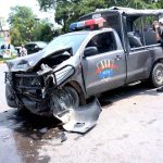 A police mobile van after an accident on Mall Road resulted two personnel seriously injured