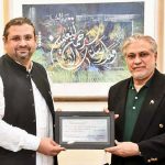 Muhammad Ali Latif, President Institute of Chartered Accountants of Pakistan (ICAP) called on Finance Minister Senator Mohammad Ishaq Dar at Finance Division and presented a chaque for Rs.5 million as donation in the PM Relief Fund for Floods, Earthquake & Calamities on behalf of ICAP