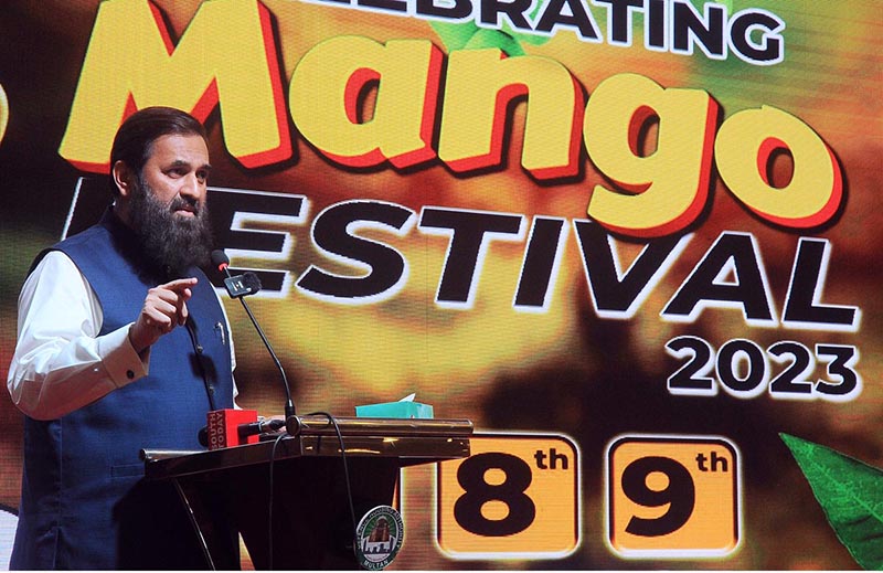 Governor Punjab Engr. Muhammad Baligh Ur Rehman addressing during the inaugural ceremony of three days ''Mango Festival 2023'' at DHA Arena Hall