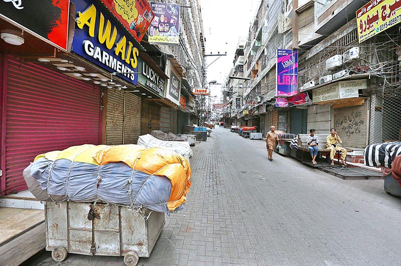 A view of closed shops at Koh-e-Noor Chowk during shutter down strike by Pakistan Sunni Tehreek against the burning of Holy Quran outside a Stockholm mosque in Sweden