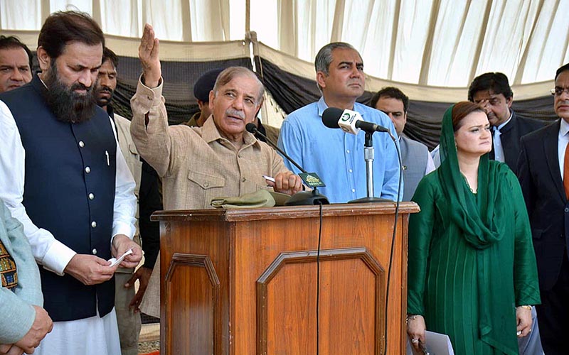 Prime Minister Muhammad Shehbaz Sharif expressing his views after visiting under construction Nishtar II Hospital