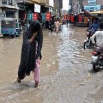A view of rain water accumulated on the road after heavy rain in the city