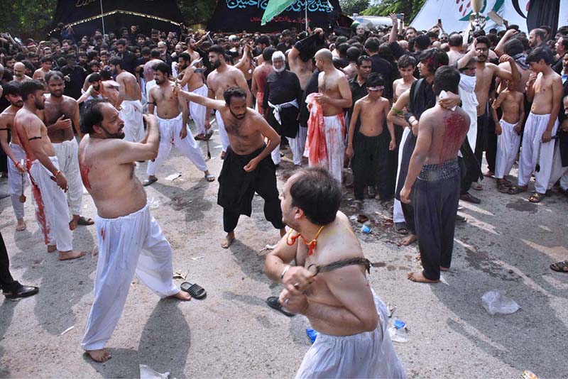 A large number of people attending the main procession of 9th Muharram-ul-Haram observing Youm-e-Ashura at G-6 Road. Muharram ul Harram, the first month of the Islamic calendar is known as the mourning month to pay homage in remembrance of the martyrdom (Shahadat) of Hazrat Imam Hussain (AS), the grandson of the Holy Prophet Mohammad (SAWW), along with his family members and companions at the battle of Karbala