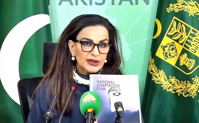 Federal Minister for Climate Change, Senator Sherry Rehman talking to media after unveiling the Pakistan's First National Adaptation Plan for Climate Change.