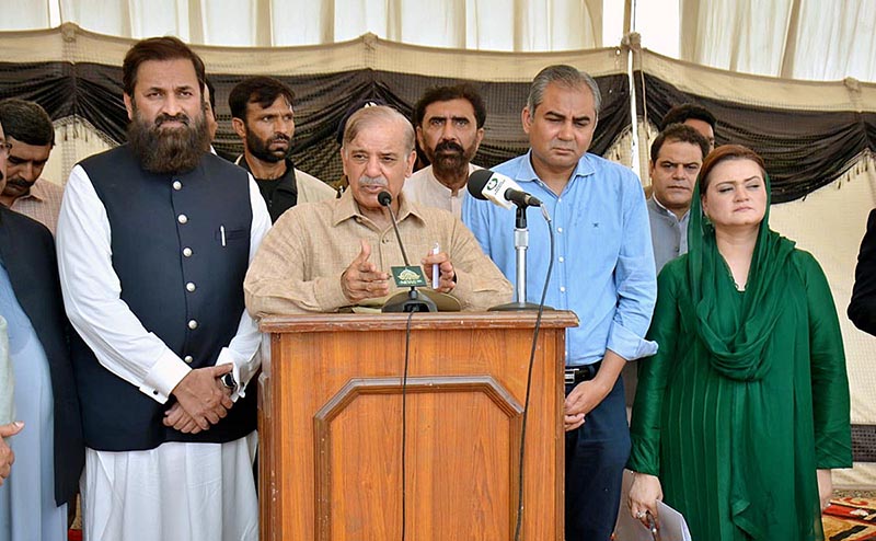 Prime Minister Muhammad Shehbaz Sharif expressing his views after visiting under construction Nishtar II Hospital