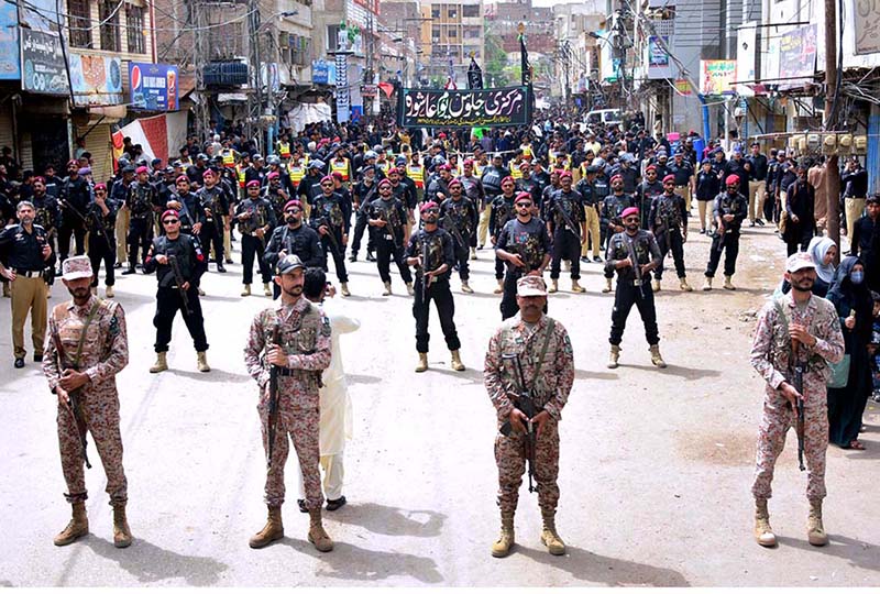 A large number of Shiite Muslims participate in 10th Muharram procession to mark Ashoura at Mehfil-e-Husseini Road. Ashoura is the commemoration marking the Shahadat (death) of Hussein (AS), the grandson of the Prophet Muhammad (PBUH), with his family members during the battle of Karbala for the upright of Islam