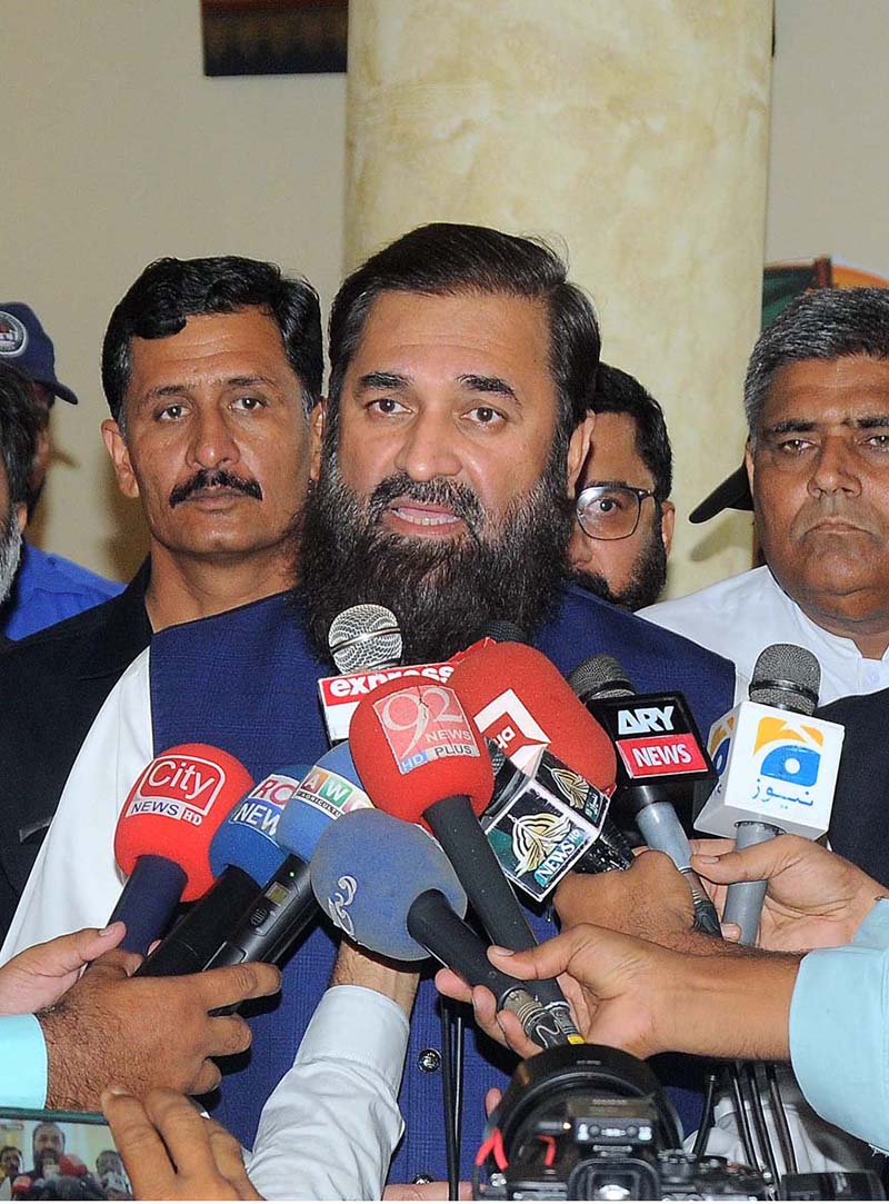 Governor Punjab Engr. Muhammad Baligh Ur Rehman talking to media persons during the inaugural ceremony of three days ''Mango Festival 2023'' at DHA Arena Hall