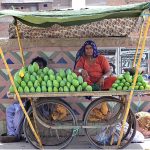 Woman vendor displaying mangoes to attract the customers on handcart