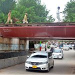 Children passing through rail bridge at Latifabad