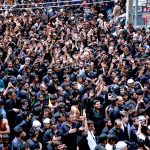 A large number of Shiite Muslims participate in 10th Muharram procession to mark Ashoura at Mehfil-e-Husseini Road. Ashoura is the commemoration marking the Shahadat (death) of Hussein (AS), the grandson of the Prophet Muhammad (PBUH), with his family members during the battle of Karbala for the upright of Islam