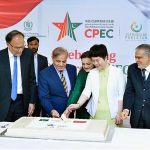 Prime Minister Muhammad Shehbaz Sharif, Chargé d'affaires of the Chinese Embassy in Islamabad Ms. Pang Chunxue and Federal Ministers cutting a cake marking the 10th anniversary of the signing of the agreement for CPEC