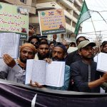 Pakistan Markazi Muslim League workers holding the protest during Quran Sanctification Day outside press club as they protest against the burning of the Quran outside a Stockholm mosque that outraged Muslims around the world