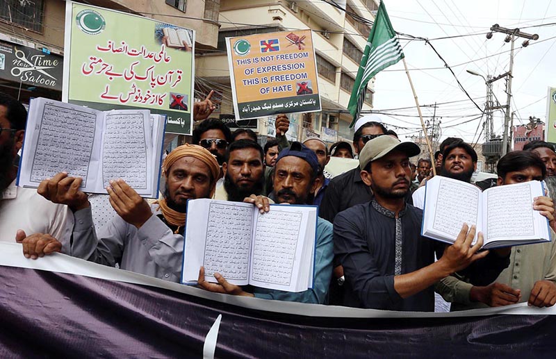 Pakistan Markazi Muslim League workers holding the protest during Quran Sanctification Day outside press club as they protest against the burning of the Quran outside a Stockholm mosque that outraged Muslims around the world