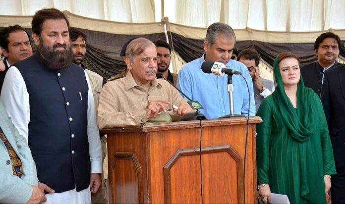 Prime Minister Muhammad Shehbaz Sharif expressing his views after visiting under construction Nishtar II Hospital