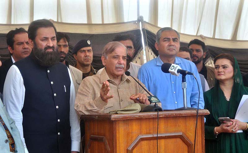 Prime Minister Muhammad Shehbaz Sharif expressing his views after visiting under construction Nishtar II Hospital
