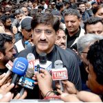 Sindh Chief Ministr, Syed Murad Ali Shah talking to media on his visit to participate in the 10th Muharram procession to mark Ashoura at Mehfil-e-Husseini Imambargah Road. Ashoura is the commemoration marking the Shahadat (death) of Hussein (AS), the grandson of the Prophet Muhammad (PBUH), with his family members during the battle of Karbala for the upright of Islam.