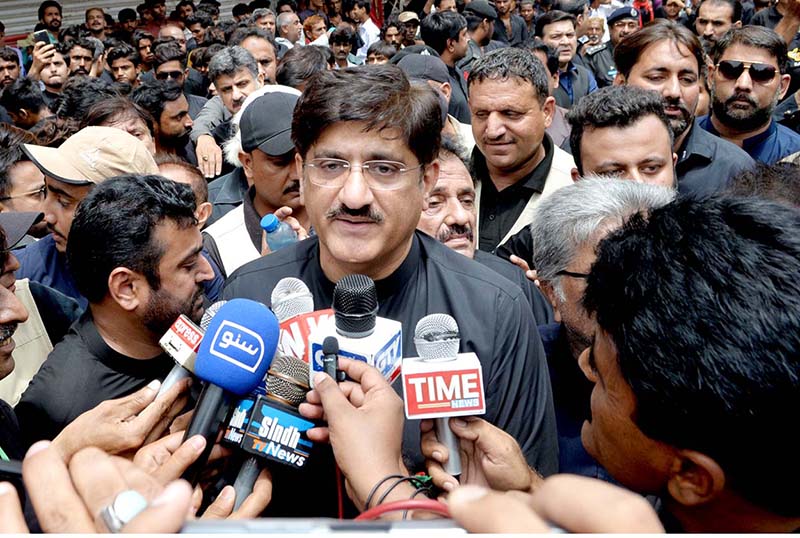 Sindh Chief Ministr, Syed Murad Ali Shah talking to media on his visit to participate in the 10th Muharram procession to mark Ashoura at Mehfil-e-Husseini Imambargah Road. Ashoura is the commemoration marking the Shahadat (death) of Hussein (AS), the grandson of the Prophet Muhammad (PBUH), with his family members during the battle of Karbala for the upright of Islam.