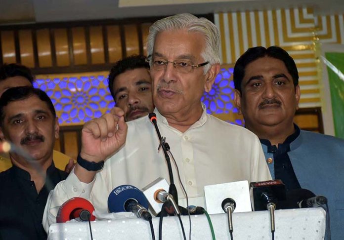 Defense Minister Khawaja Mohammad Asif is addressing the PML-N workers convention at UC Nikapora