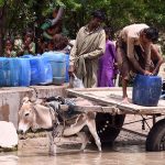 Workers busy in loading the water cans on donkey cart after filling the water at local Village