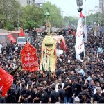 A large number of mourners attend the 10th Muharram procession to mark Ashoura at Empress Market Sadar. Ashoura is the commemoration marking the Shahadat (death) of Hussein (AS), the grandson of the Prophet Muhammad (PBUH), with his family members during the battle of Karbala for the upright of Islam