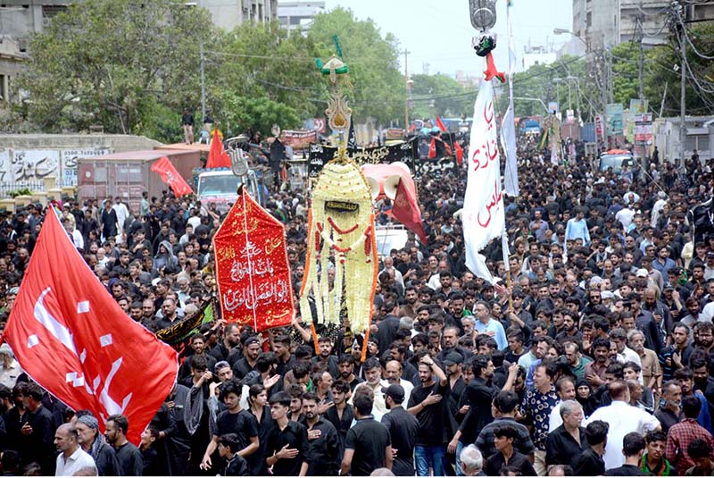 A large number of mourners attend the 10th Muharram procession to mark Ashoura at Empress Market Sadar. Ashoura is the commemoration marking the Shahadat (death) of Hussein (AS), the grandson of the Prophet Muhammad (PBUH), with his family members during the battle of Karbala for the upright of Islam
