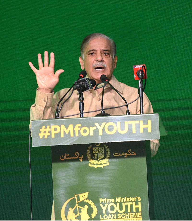 Prime Minister Muhammad Shehbaz Sharif addressing the cheques distribution ceremony of Prime Minister's Youth Business and Agriculture Loan