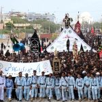 A large number of mourners attending the main procession of 9th Muharram-ul-Haram observing Youm-e-Ashur at M.A Jinnah Road. Muharram ul Harram, the first month of the Islamic calendar is known as the mourning month to pay homage in remembrance of the martyrdom (Shahadat) of Hazrat Imam Hussain (AS), the grandson of the Holy Prophet Mohammad (SAWW), along with his family members and companions at the battle of Karbala